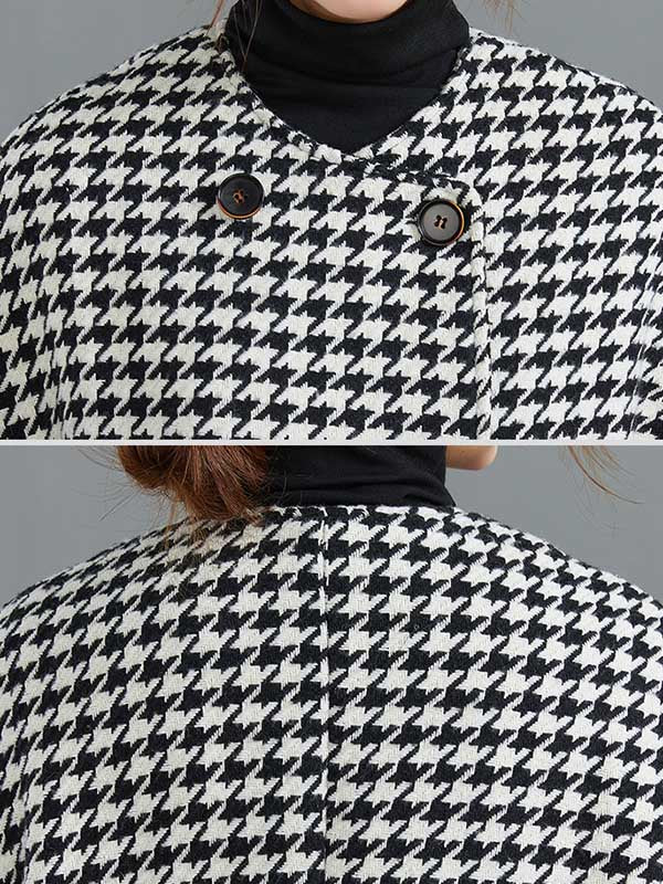 xakxx Loose Houndstooth Buttoned Round-Neck Long Sleeves Woolen Coat