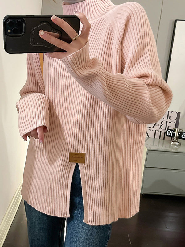 xakxx Long Sleeves Loose Split-Front Mock Neck Pullovers Sweater Tops