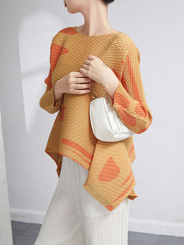 xakxx Casual Irregularity Loose Printed Pleated Round-Neck T-Shirts Tops