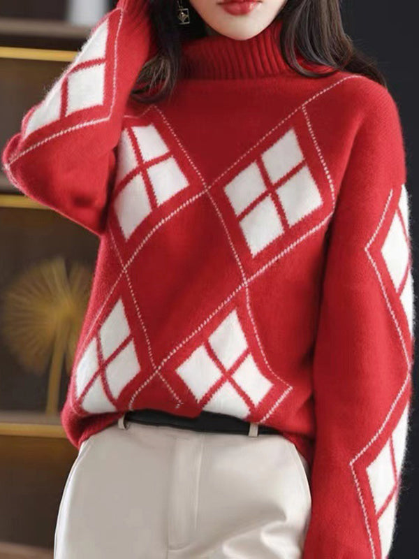 xakxx Casual Long Sleeves Loose Plaid High-Neck Sweater Tops