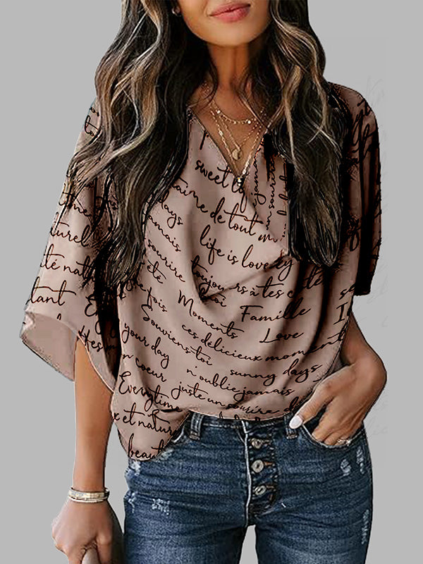 xakxx Loose Short Sleeves Letter Print Shoulder Pad Heaps Collar T-Shirts Tops