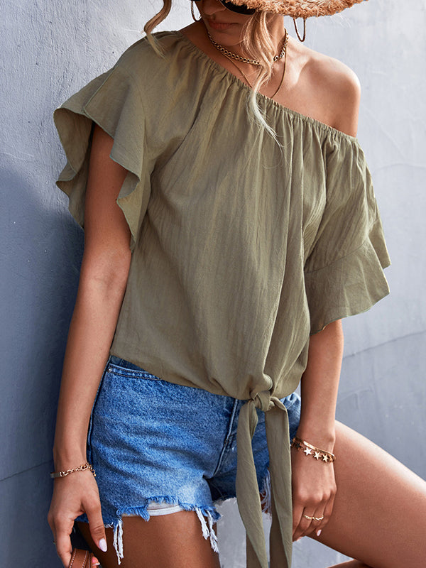 xakxx Loose Short Sleeves Elasticity Falbala Pleated Solid Color Tied Round-Neck T-Shirts Tops