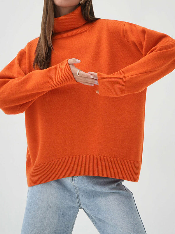xakxx Long Sleeves Loose Solid Color High Neck Knitwear Pullovers Sweater Tops