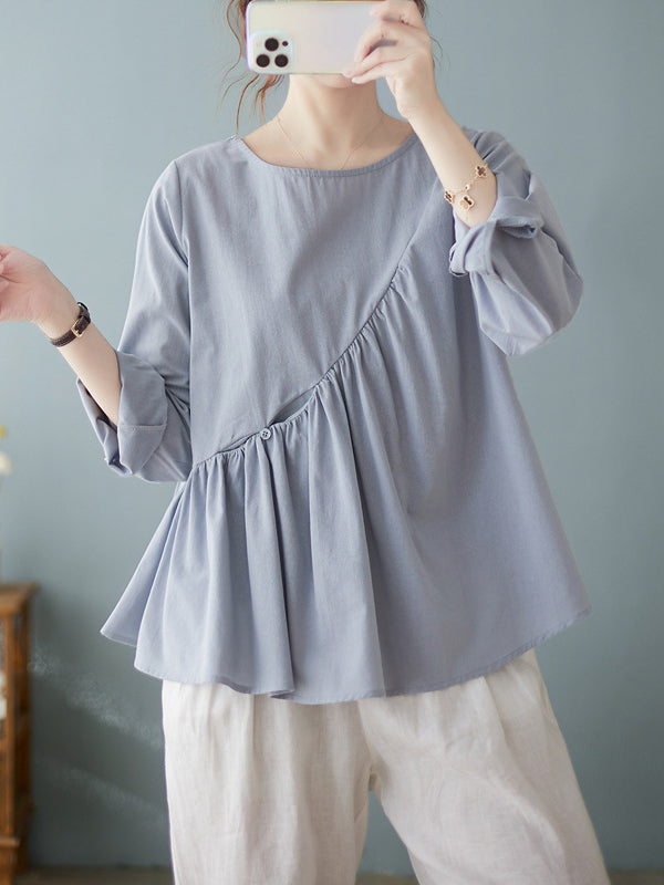 xakxx Casual Loose Long Sleeves Solid Color Round-Neck T-Shirts Tops