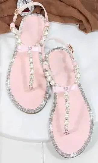 Sandals Women sandals new summer shoes flat pearl sandals comfortable string bead beach slippers casual sandals pink white blackL464