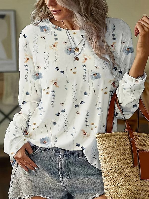 xakxx Long Sleeves Loose Flower Print Round-Neck T-Shirts Tops