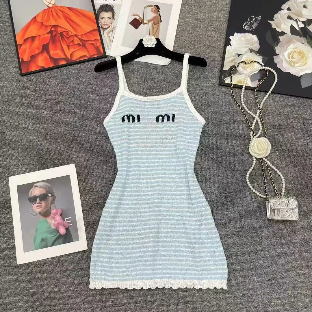 Designer Womens Spaghetti Strap Dress Designer Tops Embroidery Knits Tees Summer Spring Outwears For Lady Slim Dresses Basic Classic Shirts Fluffy Skirts S-L
