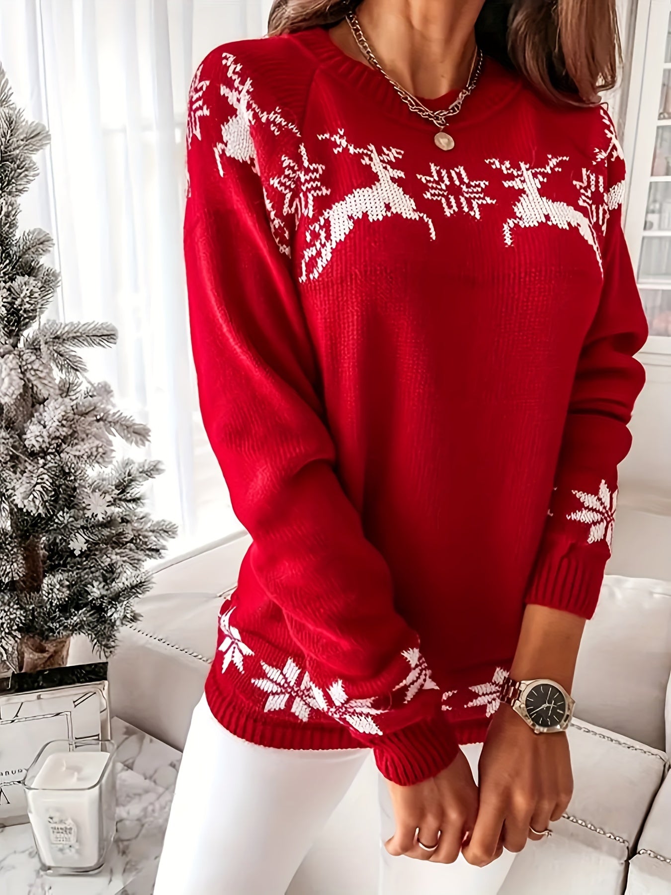 Elegant Plus Size Christmas Sweater for Women - Cozy Acrylic Knit, Long Sleeve, Crew Neck Pullover with Festive Reindeer Design