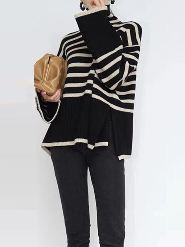 xakxx Long Sleeves Loose Contrast Color Split-Joint Split-Side Striped High Neck Sweater Tops