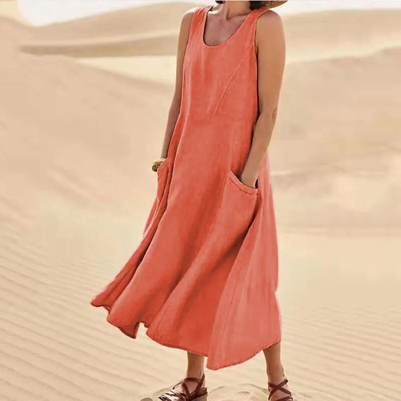 Hot Summer women Casual Dresses pocket sleeveless round neck women's cotton linen dress loose Khaki White black home outdoor skirt Big Size S-5XL 1f9 89b