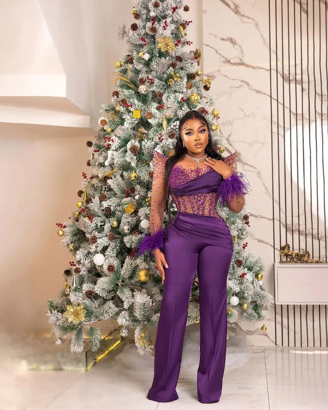 Arabic Aso Ebi Purple Jumpsuits Prom Dresses Beaded Feather Evening Formal Party Second Reception Birthday Engagement Gowns Dress ZJ366