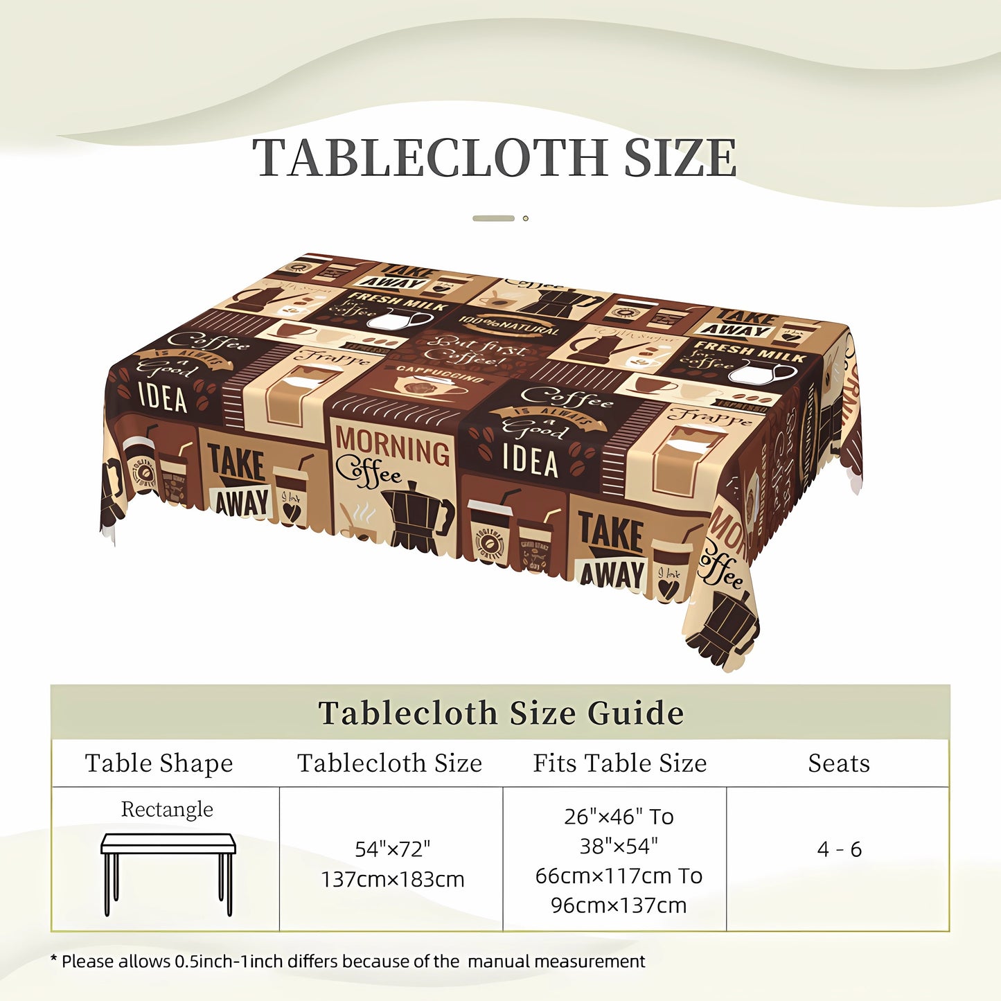 1pc Vintage Coffee Pattern Tablecloth - Stain Resistant, Waterproof, Edge Embossing Craft, No Pleated, Printed Table Cover for Home Decor, Easy to Clean, and Durable