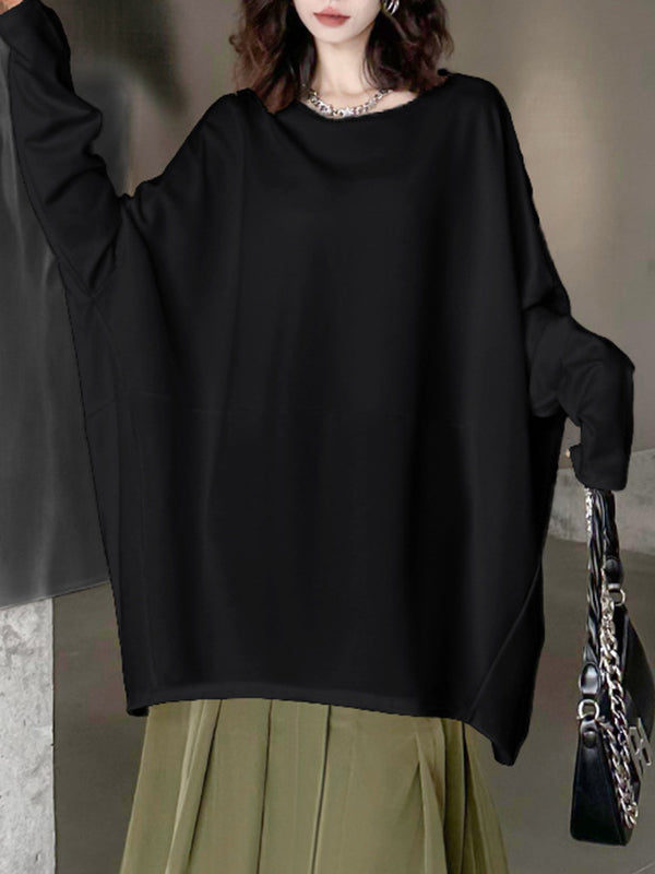 xakxx Batwing Sleeves Long Sleeves Solid Color Round-Neck T-Shirts Tops