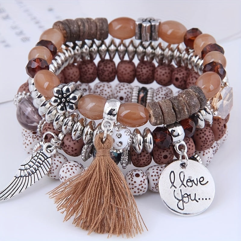 4pcs/Set Enchanting Love Wings Tassel Bracelet Ensemble - Lustrous Volcano Stone Beads & Multicolored Strands - Bohemian Chic Retro Style - Perfect Holiday Gift