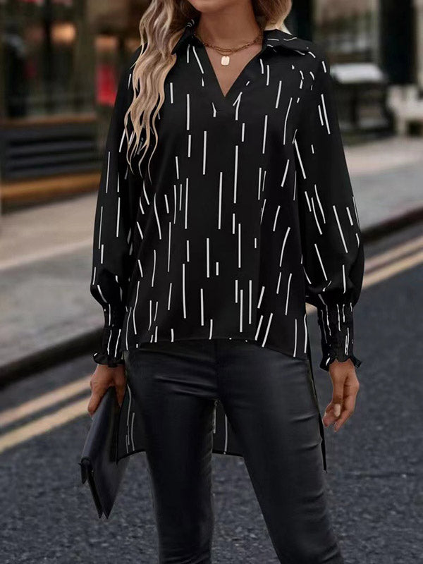 xakxx High-Low Long Sleeves Elasticity Printed V-Neck T-Shirts Tops