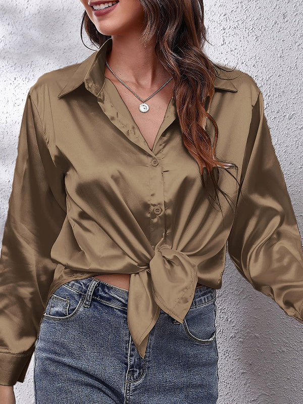 xakxx Long Sleeves Loose Solid Color Lapel Blouses