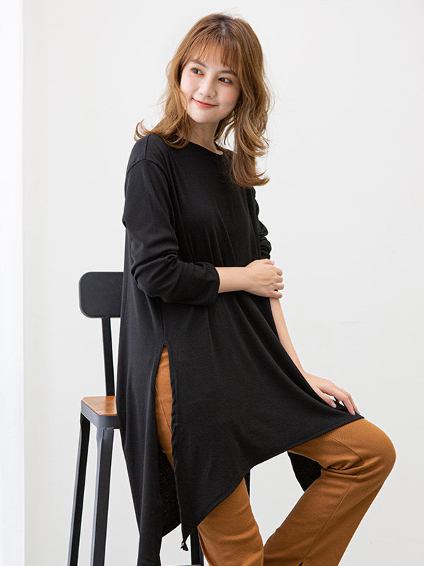 xakxx Casual High-Low Long Sleeves Solid Color Round-Neck T-Shirts Tops