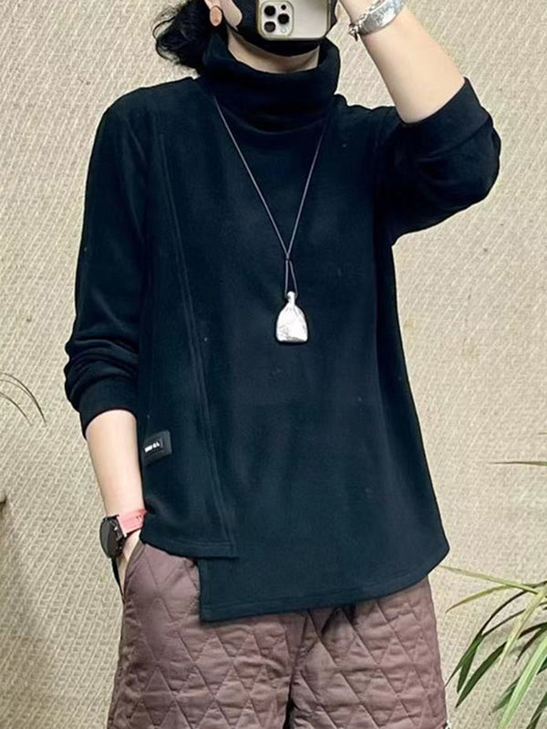 xakxx Long Sleeves Loose Asymmetric Solid Color High Neck T-Shirts Tops