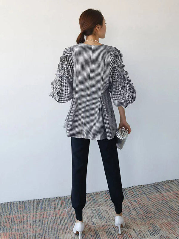 xakxx Trendy Tops Loose Puff Sleeves Plaid Agaric Laces Falbala Round-Neck Blouses