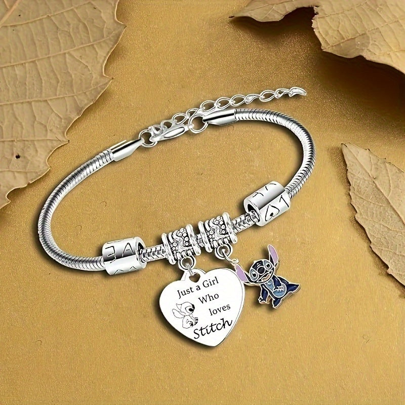 1 Pc Adorable Disney Stitch Heart-Shaped Pendant Bracelet Jewelry - Women's Fashion Accessory with Adjustable Chain, Cute Cartoon Character Design, Ideal Gift for Ladies, Teens, and Girls