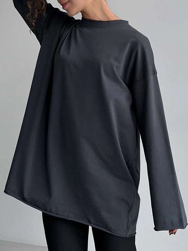 xakxx Long Sleeves Loose Solid Color Round-Neck T-Shirts Tops