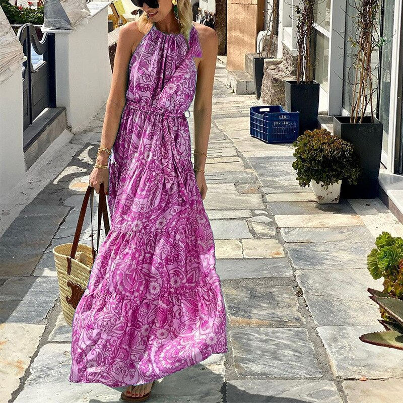 Purpdrank - New Sexy Off Shoulder Sleeveless Long Dresses Fashion Summer Print Maxi Beach Dress Women Elegant Halter Sleeveless Party Dress