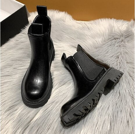 Purpdrank - 2023 New Chunky Boots Fashion Platform Women Ankle Female Sole Pouch Ankle Botas Mujer Round Toe Slip-On Botas Altas Mujer