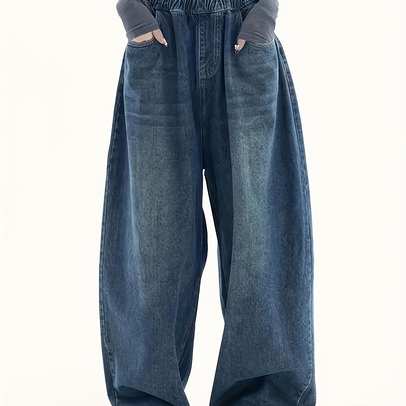 Fashion-Forward Womens Wide Leg Denim Jeans - Elastic Comfort Waistband, Relaxed Fit, Trendy Slash Pockets, Distressed Washed Blue with Whiskers - Hip Pop Street Style Pants for Effortless Chic