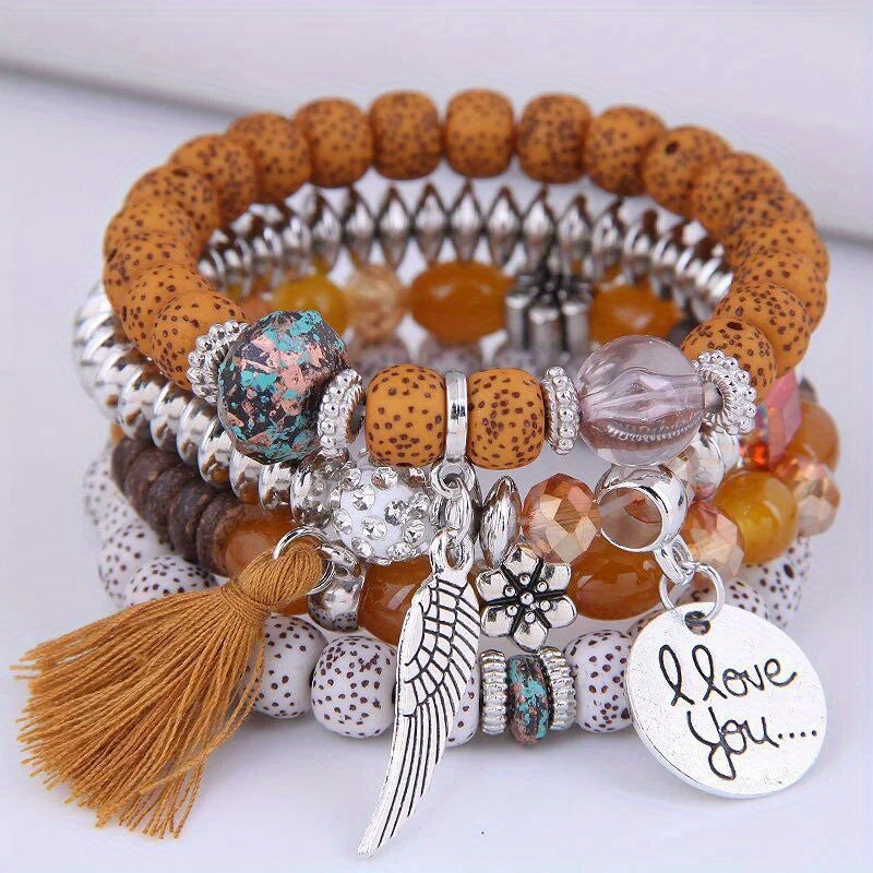 4pcs/Set Enchanting Love Wings Tassel Bracelet Ensemble - Lustrous Volcano Stone Beads & Multicolored Strands - Bohemian Chic Retro Style - Perfect Holiday Gift