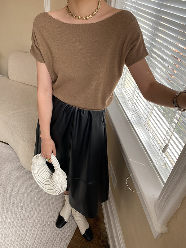 xakxx Stylish Loose Solid Color Boat Neck Knitwear Pullovers Tops
