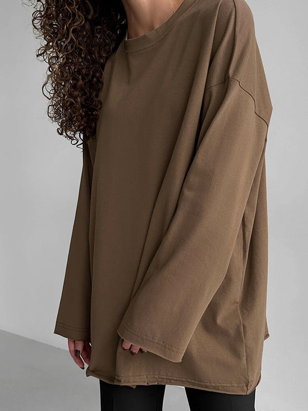 xakxx Long Sleeves Loose Solid Color Round-Neck T-Shirts Tops