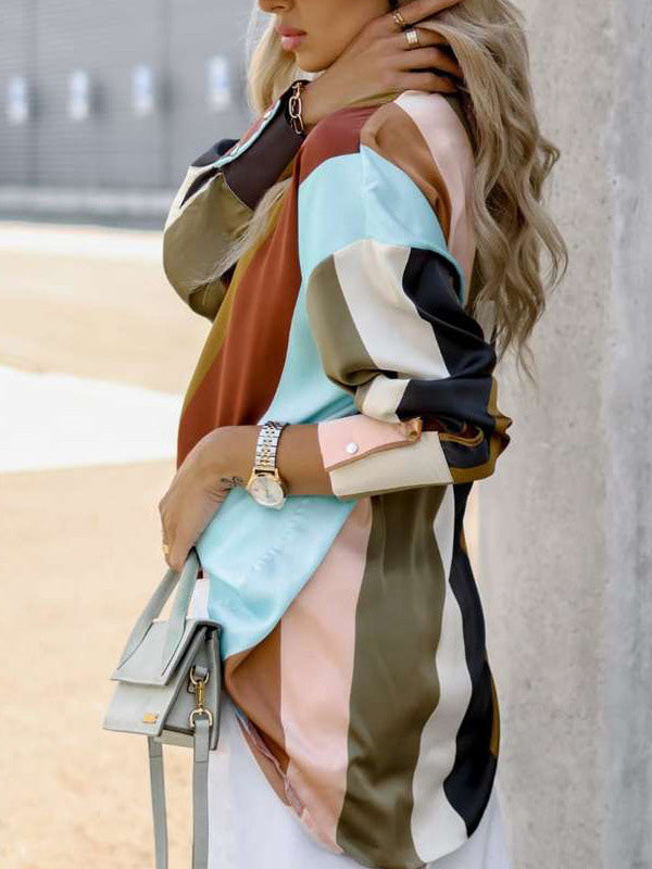 xakxx Stylish Selection Long Sleeves Loose Contrast Color Lapel Collar Blouses&Shirts Tops