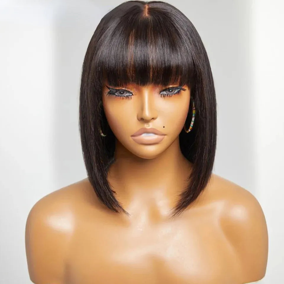 Straight Bob Wig with Bangs Bone Remy Human Hair Wigs for Women Brazilian Hair Straight Full Lace Wigs Bob Fringe Wig