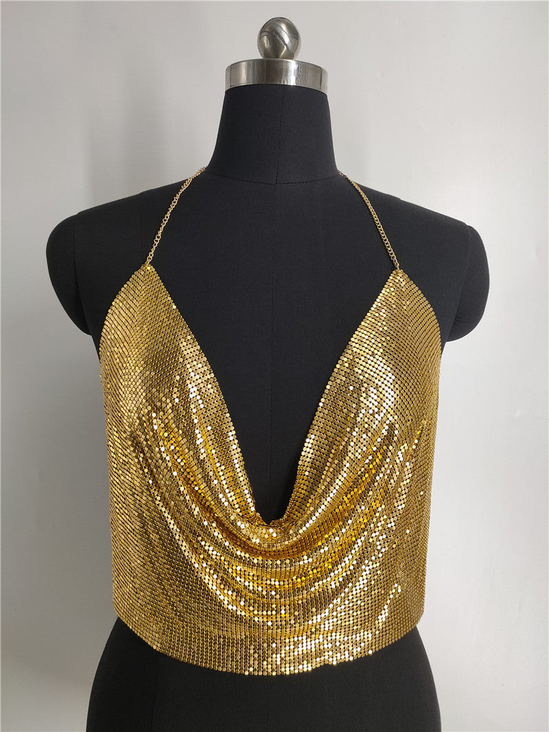2025 Vest nightclubs sexy temptation sequins bright diamond thin strap hanging neck V-neck short tube top small vest fb1540