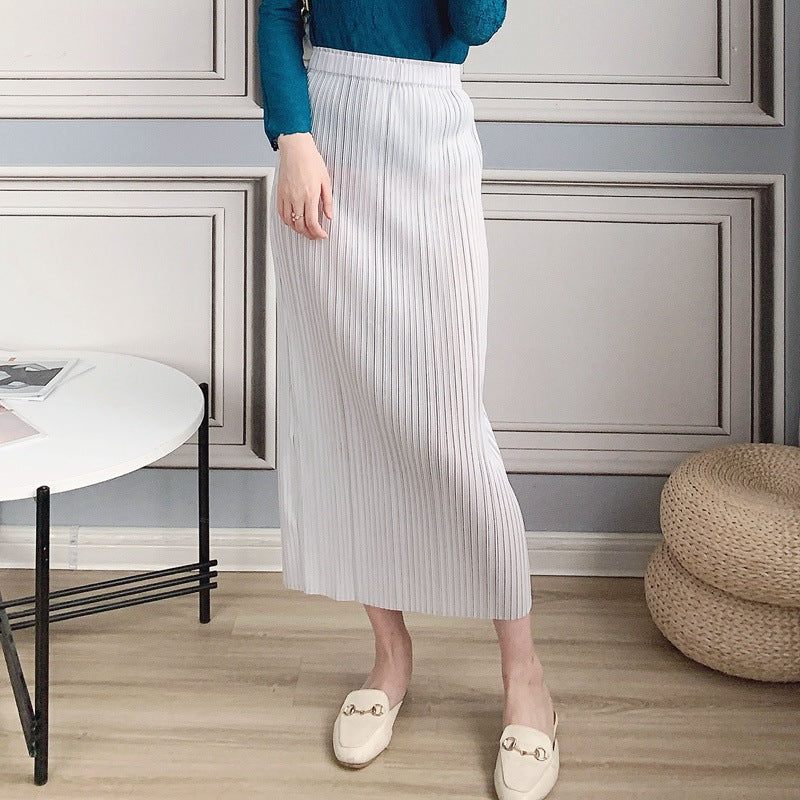 2025 Summer new product temperament Sanzhai skirt casual pleated slim fit long high elastic pleated hip skirt one step skirt