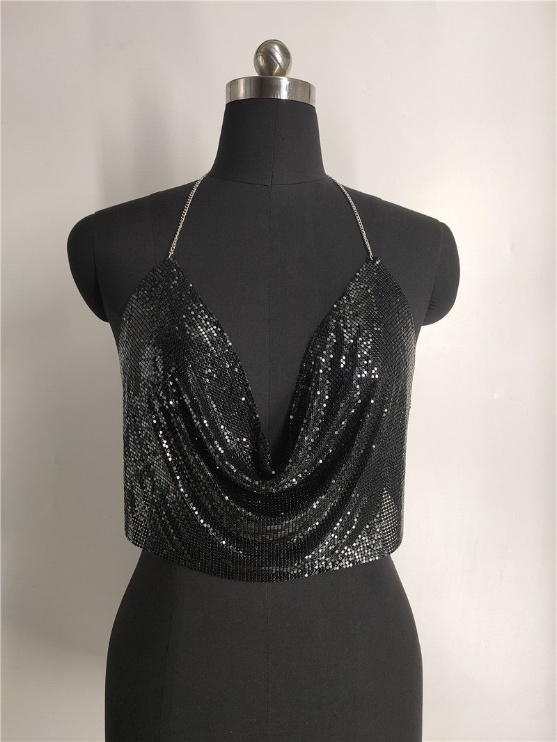 2025 Vest nightclubs sexy temptation sequins bright diamond thin strap hanging neck V-neck short tube top small vest fb1540