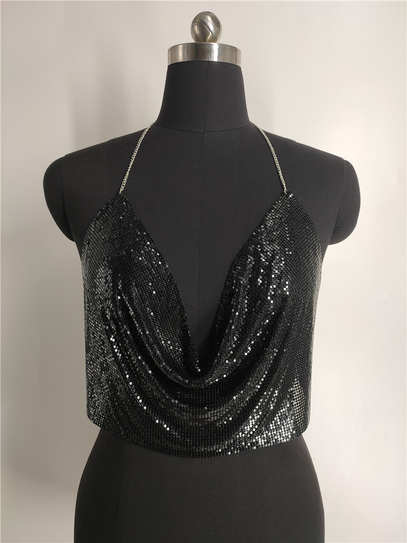 2025 Vest nightclubs sexy temptation sequins bright diamond thin strap hanging neck V-neck short tube top small vest fb1540