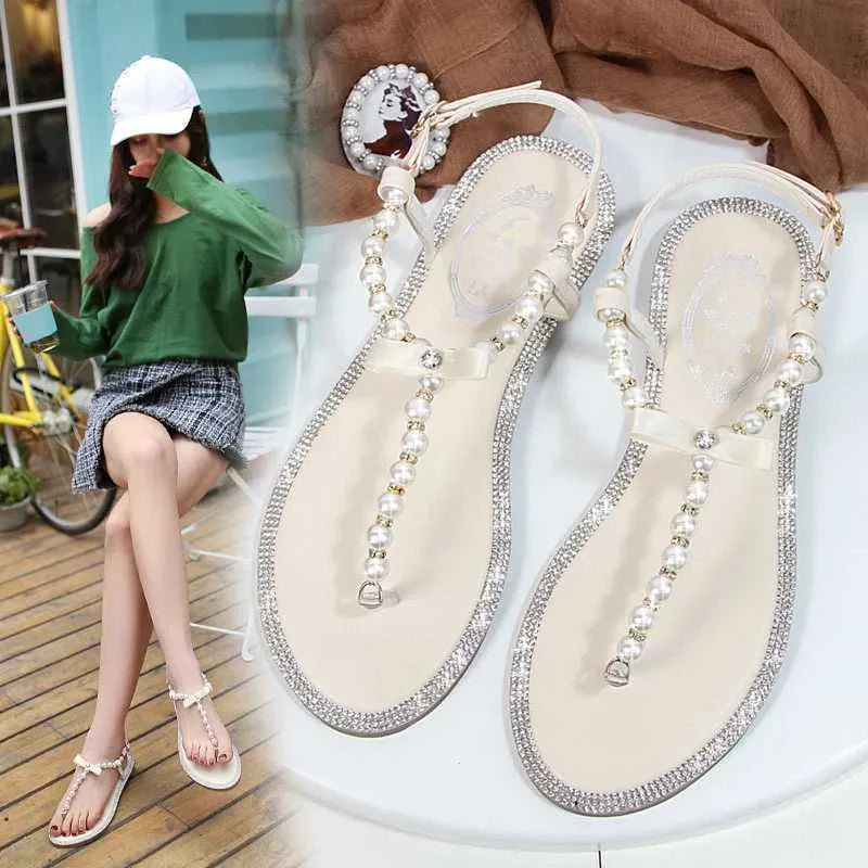 Sandals Women sandals new summer shoes flat pearl sandals comfortable string bead beach slippers casual sandals pink white blackL464