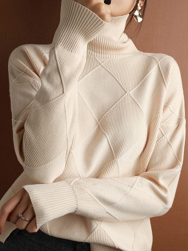 xakxx Casual Loose Solid Color Striped High-Neck Long Sleeves Sweater Tops