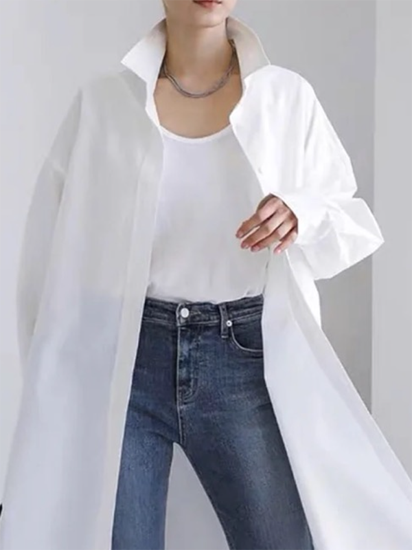 xakxx Long Sleeves Loose Buttoned Solid Color Split-Side Lapel Collar Shirt Outerwear