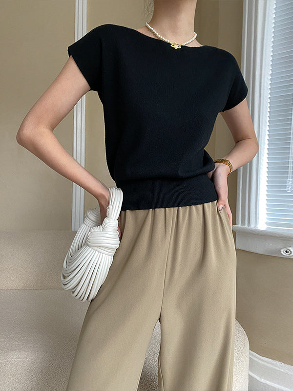 xakxx Stylish Loose Solid Color Boat Neck Knitwear Pullovers Tops