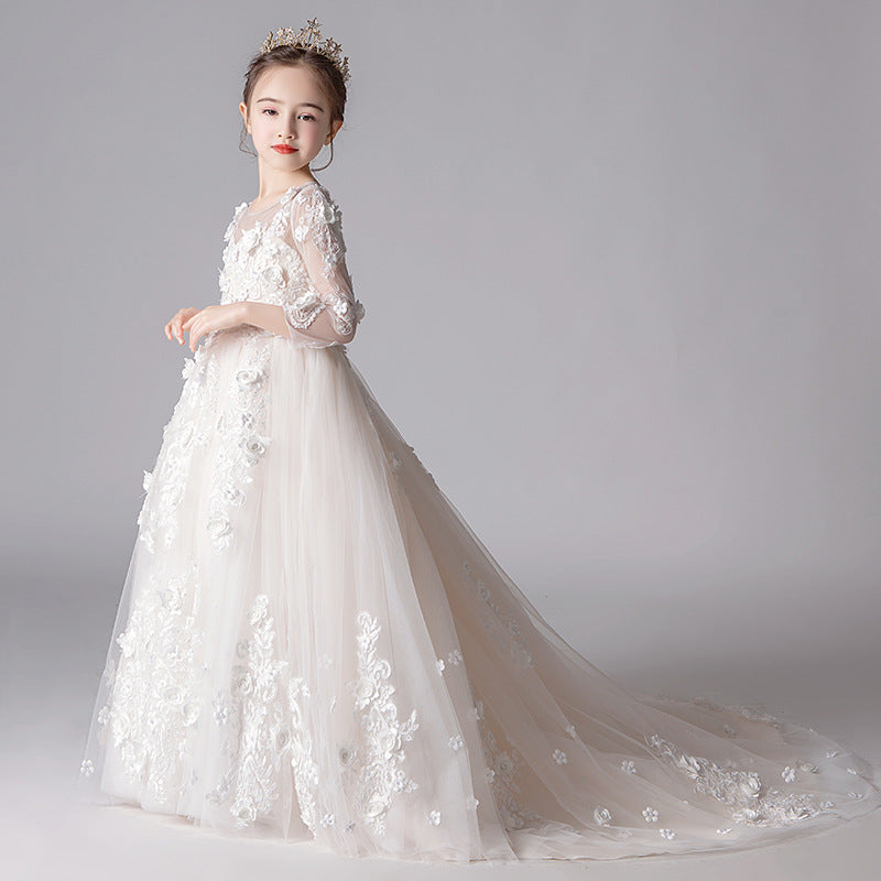 Girl's Princess Dress Tulle Tutu Children's Catwalk Trailing Skirt Flower Girl Little Host Piano Princess Costume Western Style