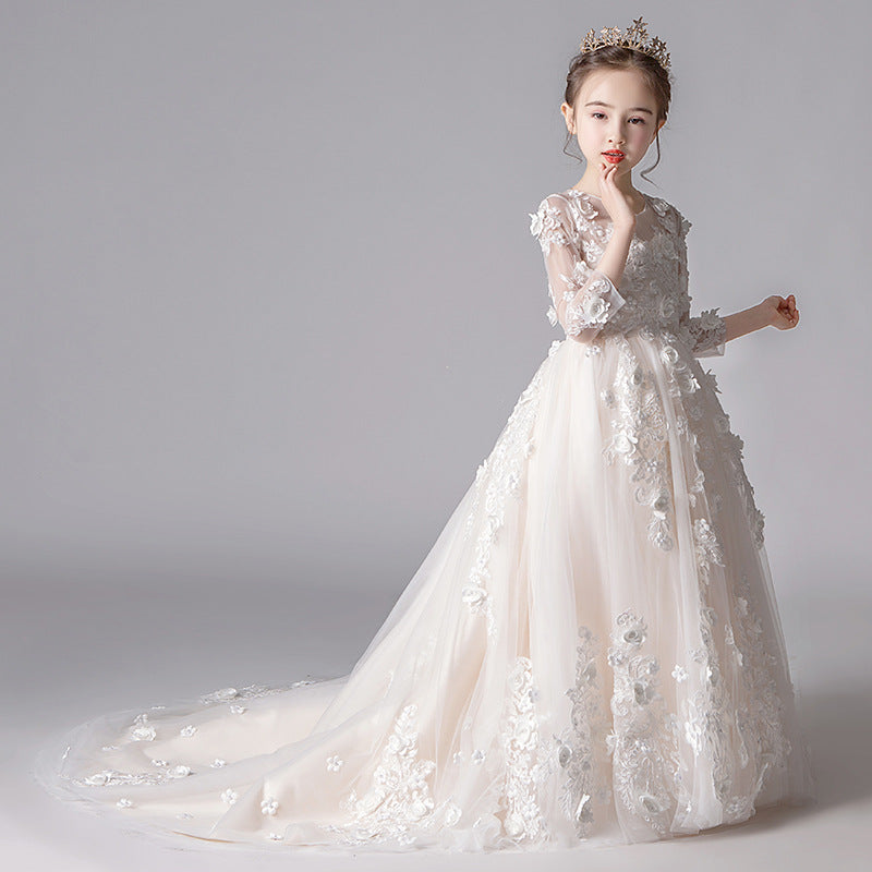 Girl's Princess Dress Tulle Tutu Children's Catwalk Trailing Skirt Flower Girl Little Host Piano Princess Costume Western Style