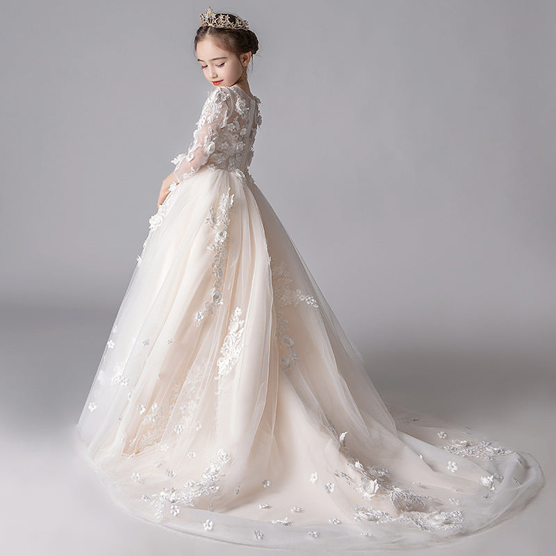 Girl's Princess Dress Tulle Tutu Children's Catwalk Trailing Skirt Flower Girl Little Host Piano Princess Costume Western Style