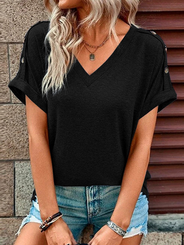 xakxx Loose Short Sleeves Buttoned Solid Color V-Neck T-Shirts Tops
