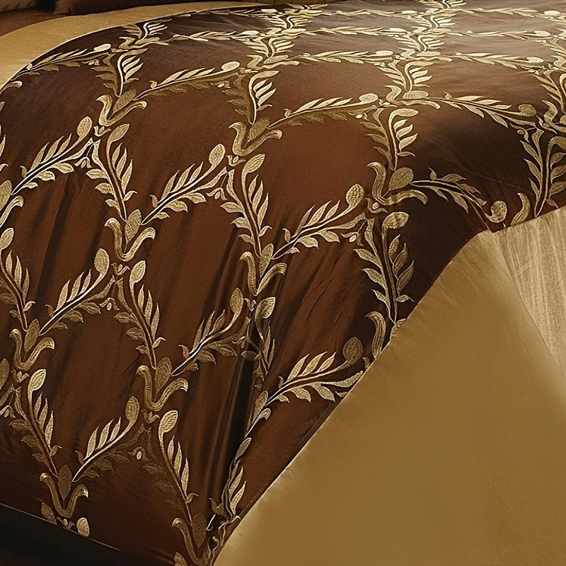 7 Piece Classic Embroidery Comforter Set King/Queen- Chocolate And Gold Faux Silk Fabric Embroideried-1 Comforter, 2 Shams, 3 Decorative Pillows, 1 Bedskirt