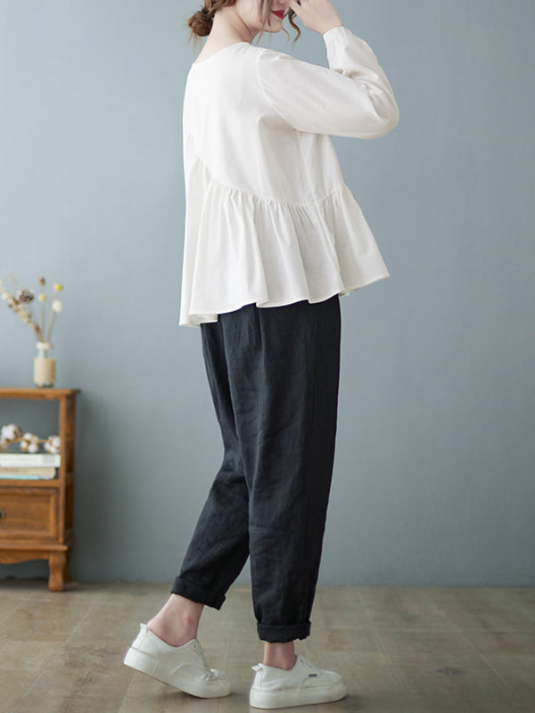xakxx Casual Loose Long Sleeves Solid Color Round-Neck T-Shirts Tops