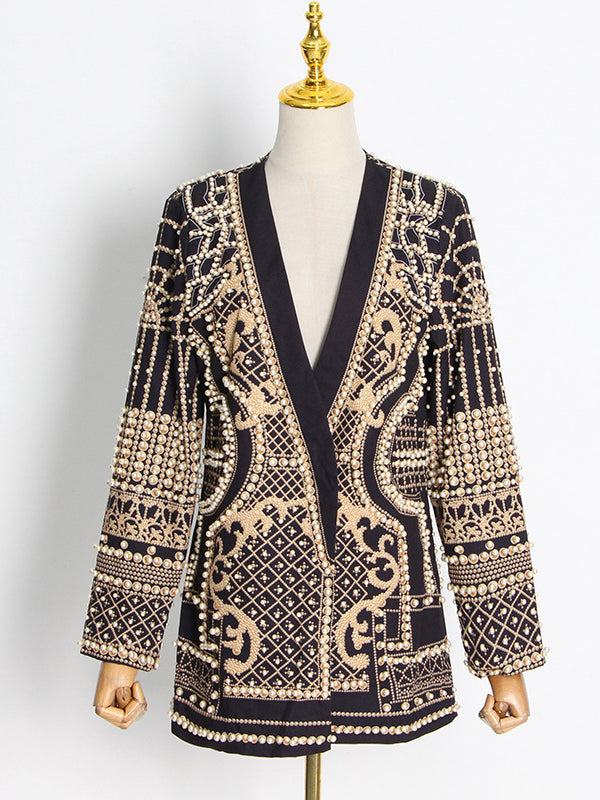 xakxx Original Creation Loose Long Sleeves Beads Printed V-Neck Blazer Outerwear