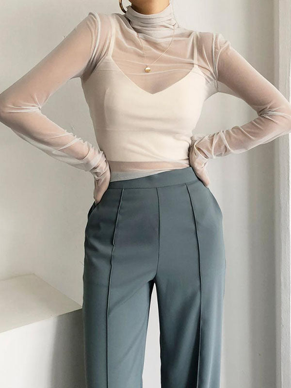xakxx Long Sleeves Skinny Gauze See-Through Solid Color High Neck T-Shirts