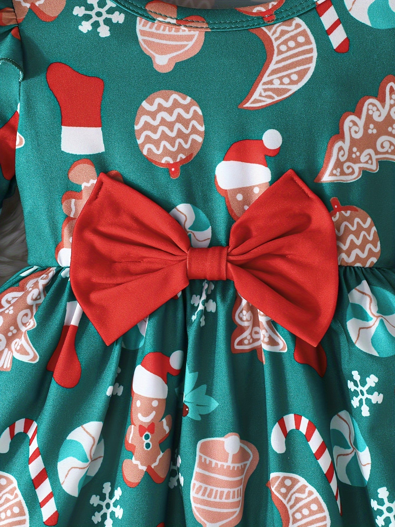 Adorable Girls' Christmas Dress with Festive Print & Matching Solid Color Headband - Long Sleeve, Round Neck, Machine Washable - Perfect for Holiday Outfits, Christmas Elements, Girls' Clothing